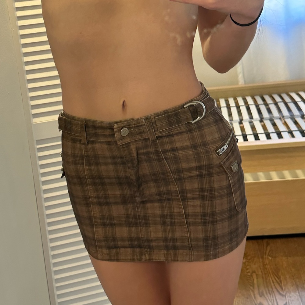 WITH JEAN hunter brown cotton plaid mini skirt